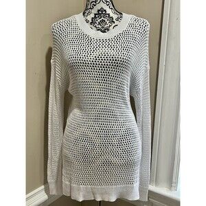 Disco Rave Sweater Womens Medium White All Cotton Open Knit Tunic Pullover